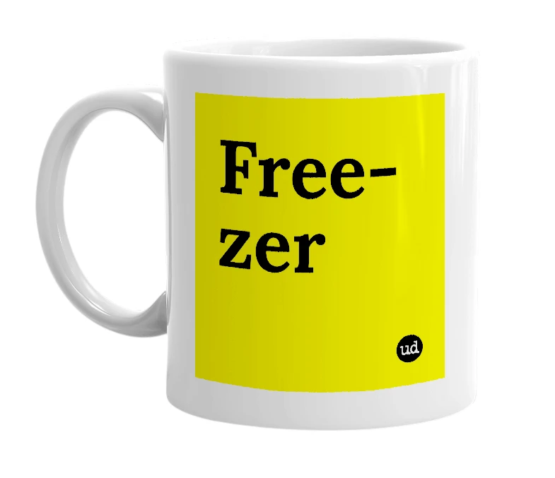 White mug with 'Free-zer' in bold black letters