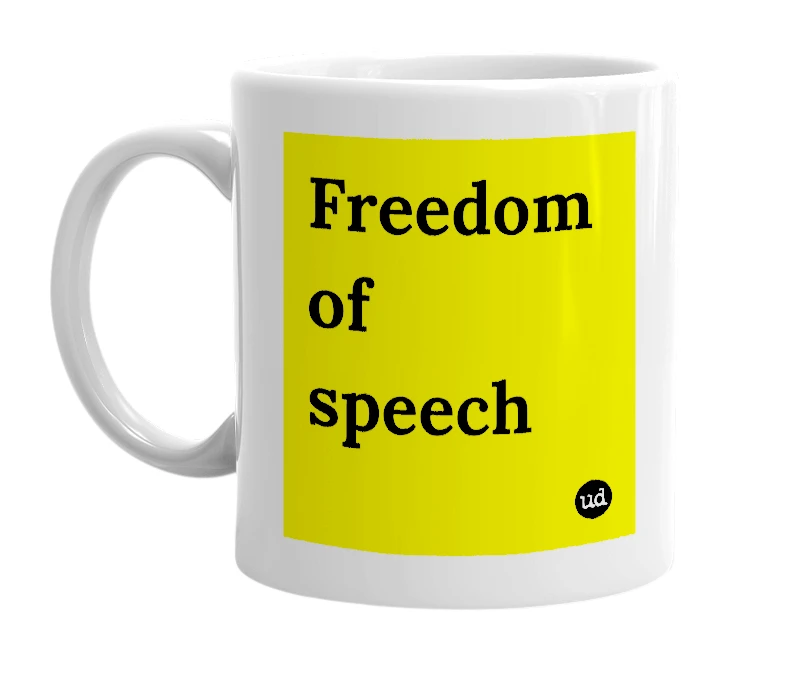 White mug with 'Freedom of speech' in bold black letters