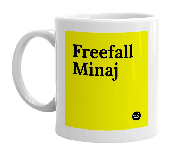 White mug with 'Freefall Minaj' in bold black letters
