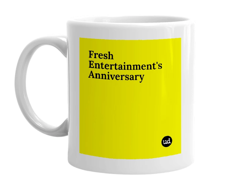 White mug with 'Fresh Entertainment's Anniversary' in bold black letters