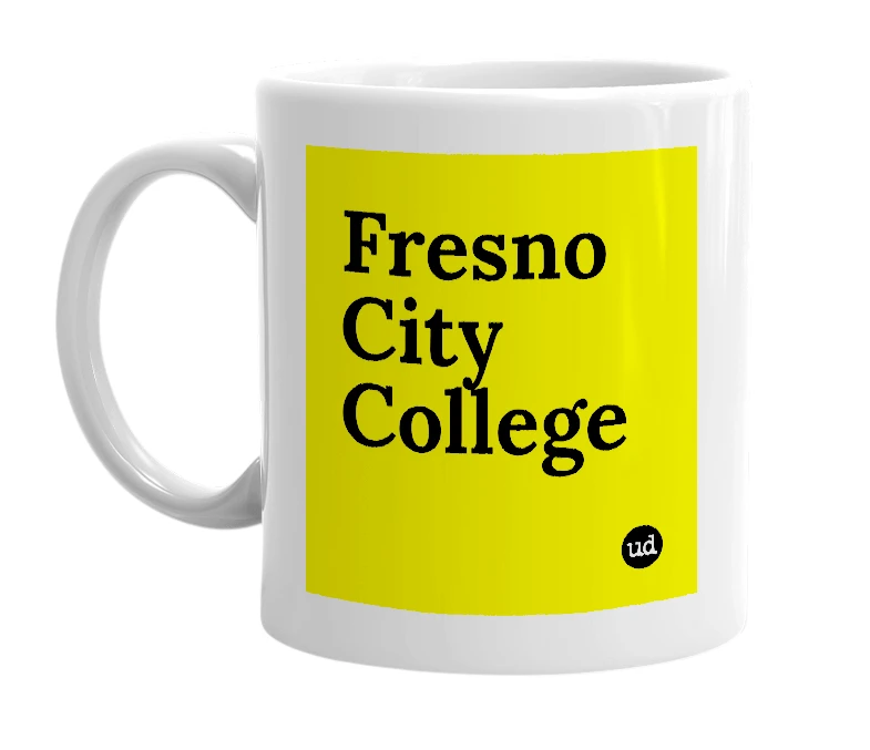 White mug with 'Fresno City College' in bold black letters