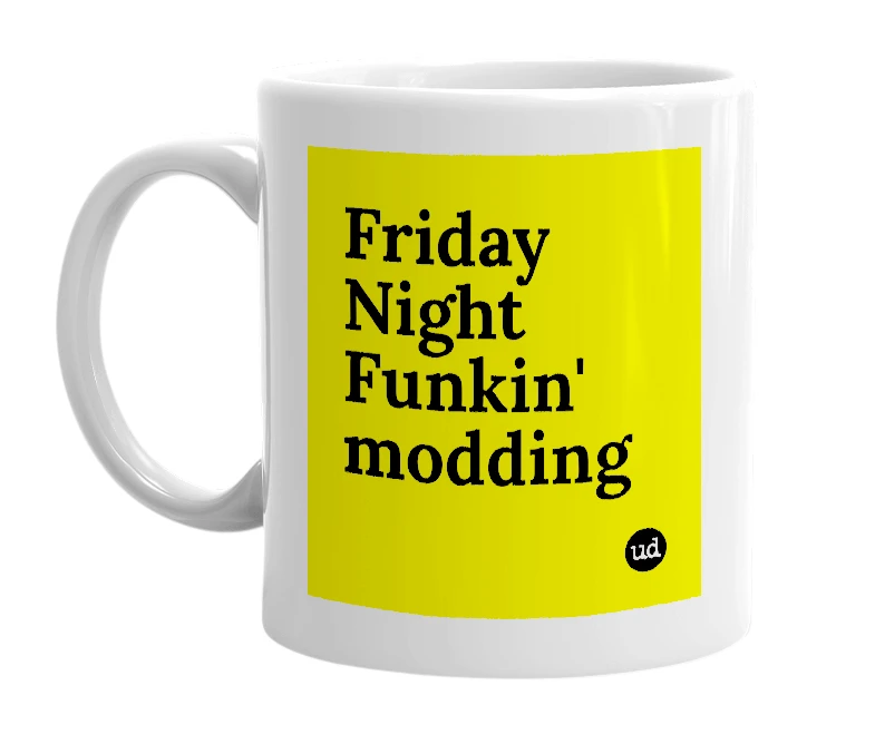 White mug with 'Friday Night Funkin' modding' in bold black letters