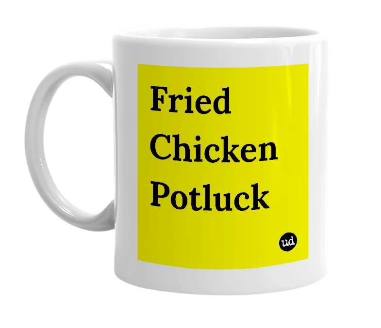 White mug with 'Fried Chicken Potluck' in bold black letters