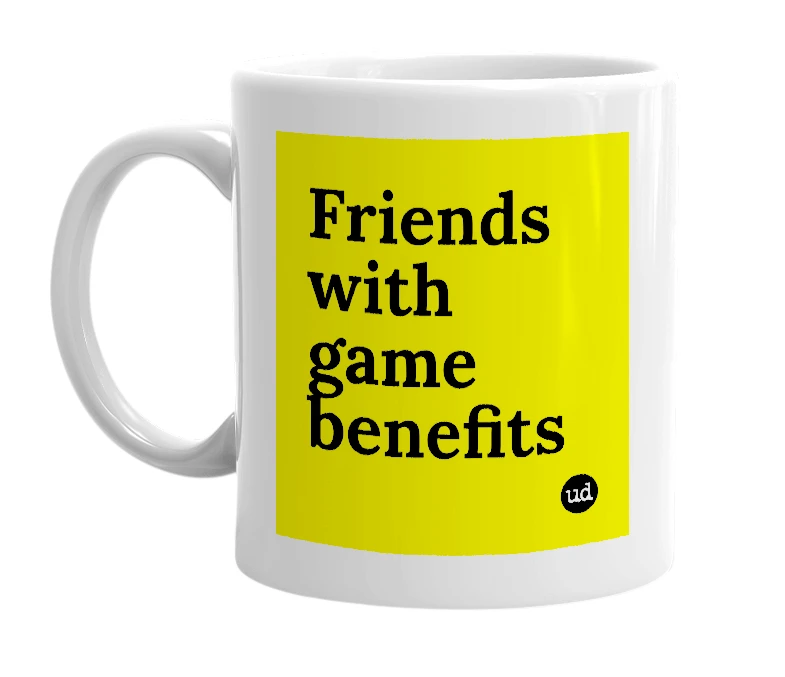 White mug with 'Friends with game benefits' in bold black letters