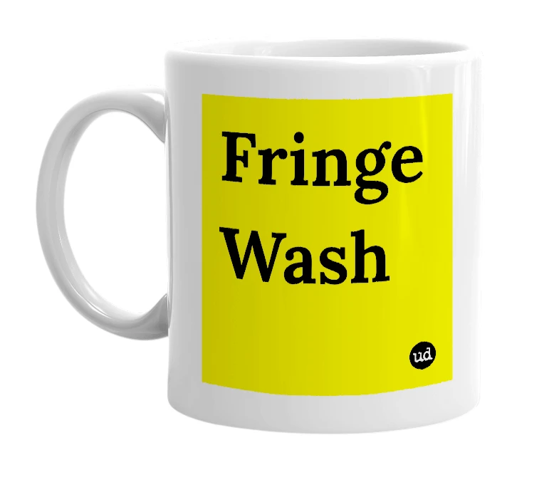White mug with 'Fringe Wash' in bold black letters