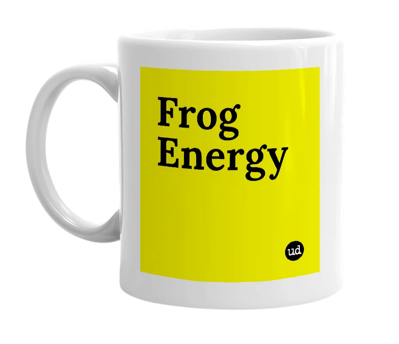 White mug with 'Frog Energy' in bold black letters