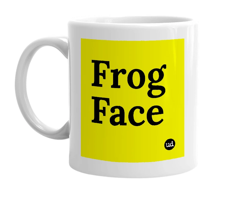 White mug with 'Frog Face' in bold black letters