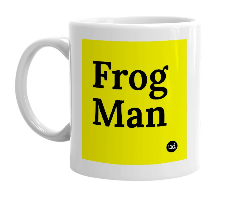 White mug with 'Frog Man' in bold black letters