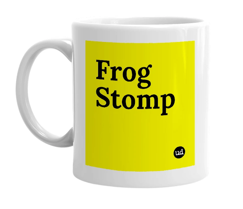 White mug with 'Frog Stomp' in bold black letters