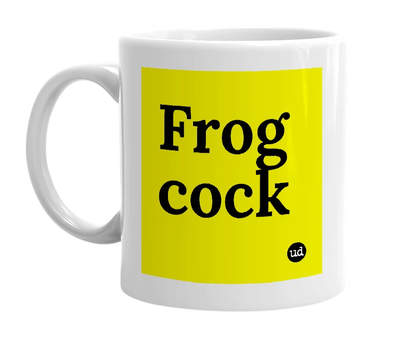 White mug with 'Frog cock' in bold black letters