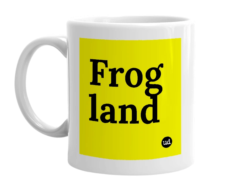 White mug with 'Frog land' in bold black letters