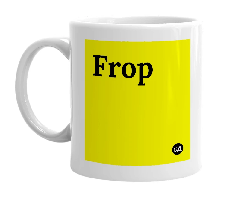 White mug with 'Frop' in bold black letters