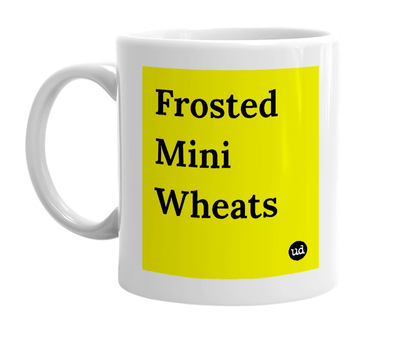 White mug with 'Frosted Mini Wheats' in bold black letters