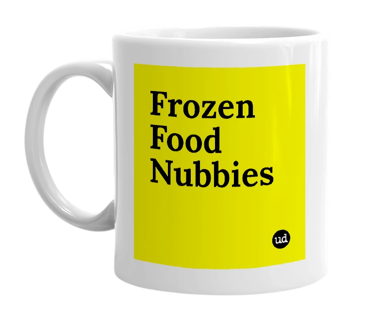 White mug with 'Frozen Food Nubbies' in bold black letters