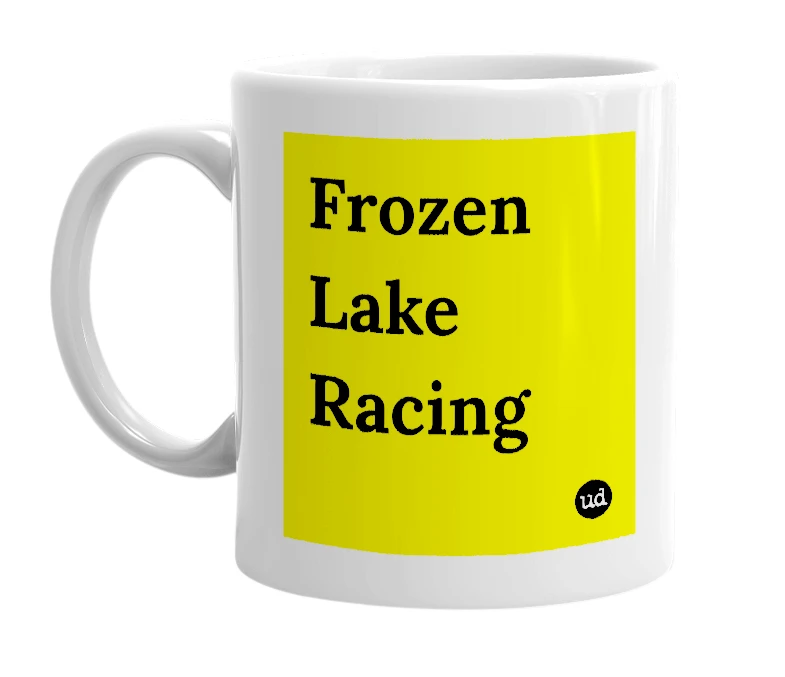 White mug with 'Frozen Lake Racing' in bold black letters