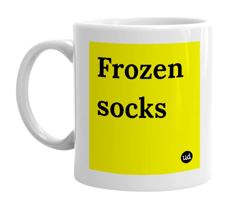 White mug with 'Frozen socks' in bold black letters