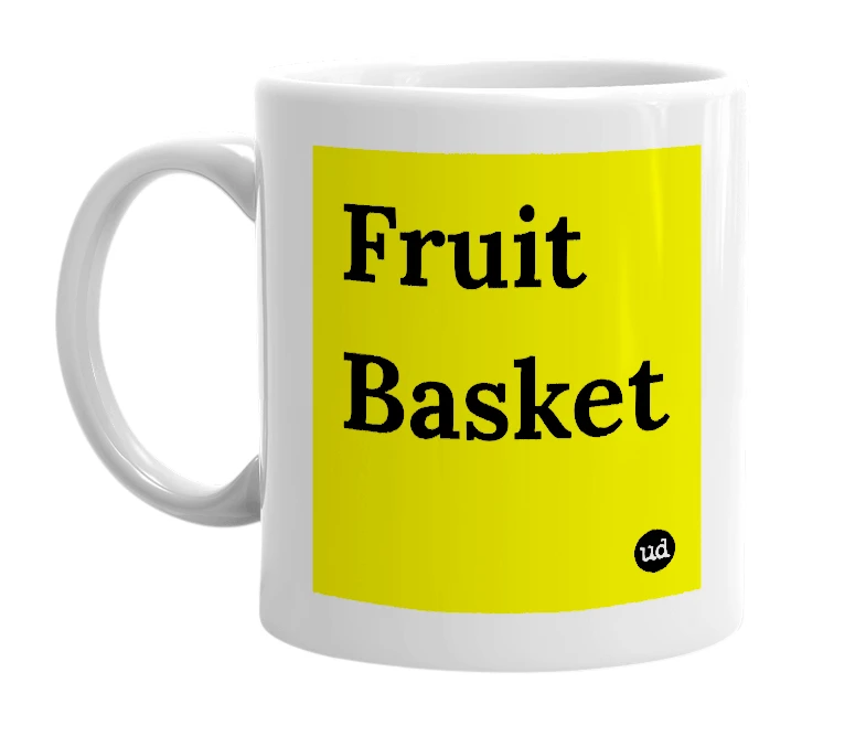 White mug with 'Fruit Basket' in bold black letters