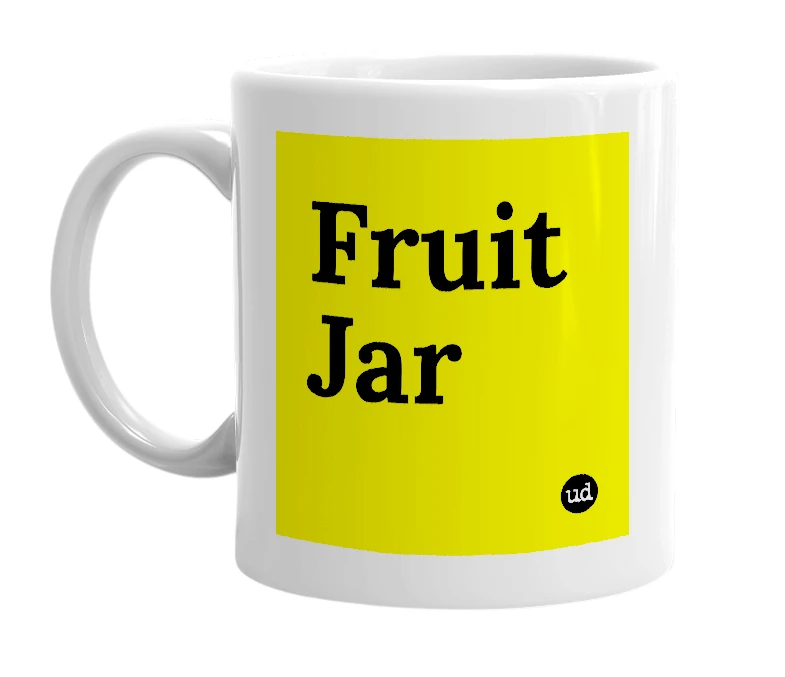 White mug with 'Fruit Jar' in bold black letters