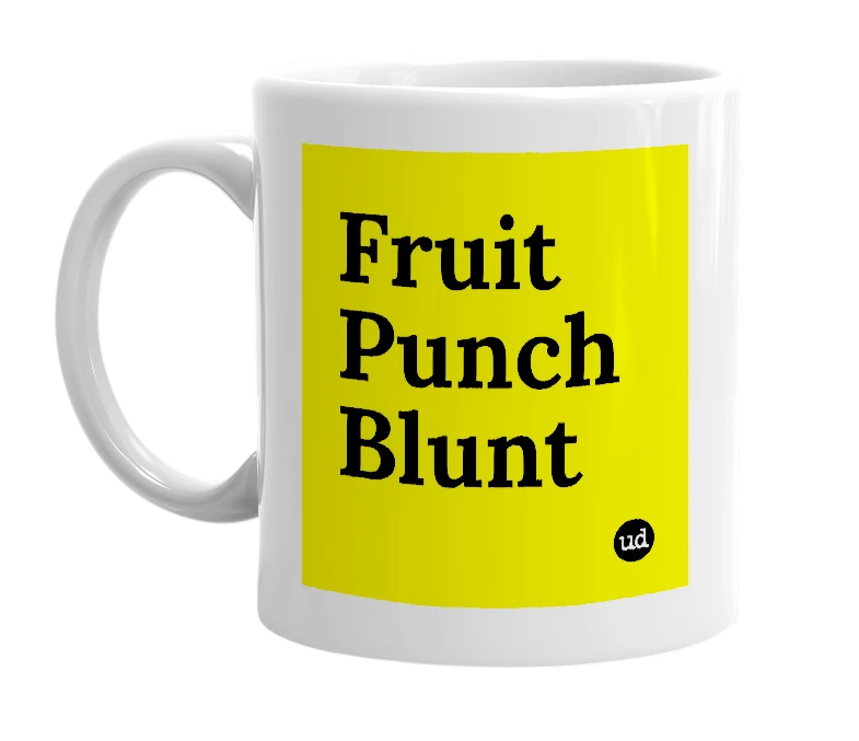 White mug with 'Fruit Punch Blunt' in bold black letters