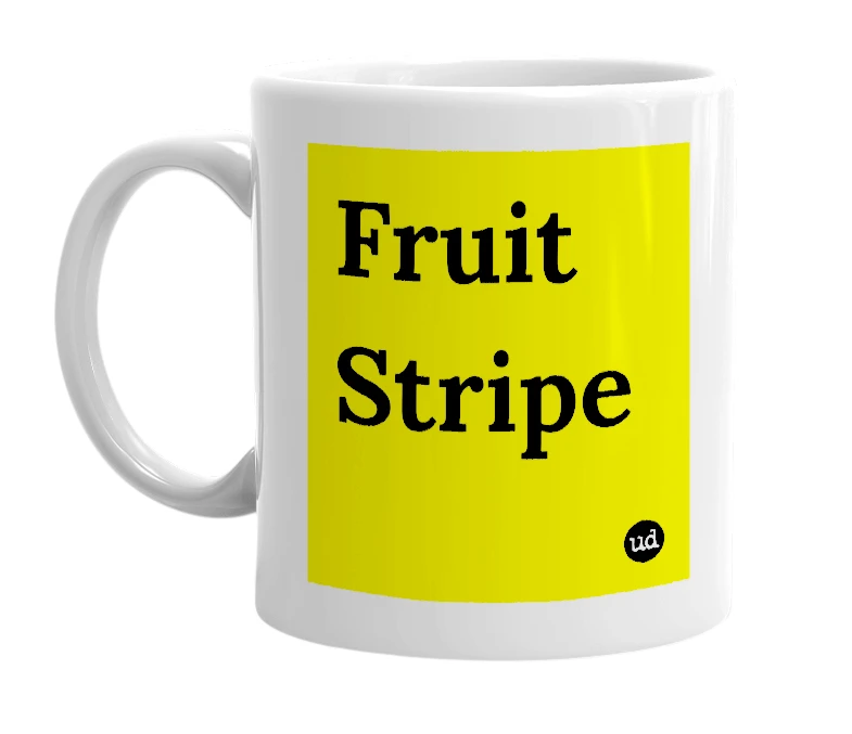 White mug with 'Fruit Stripe' in bold black letters