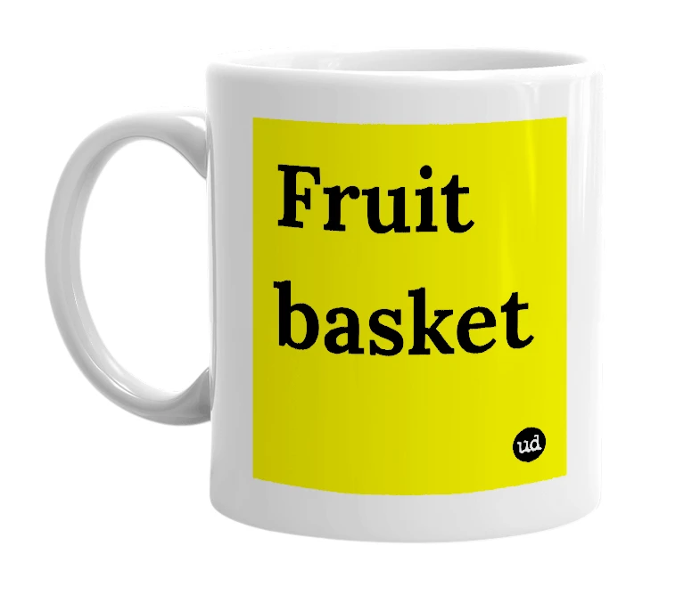 White mug with 'Fruit basket' in bold black letters