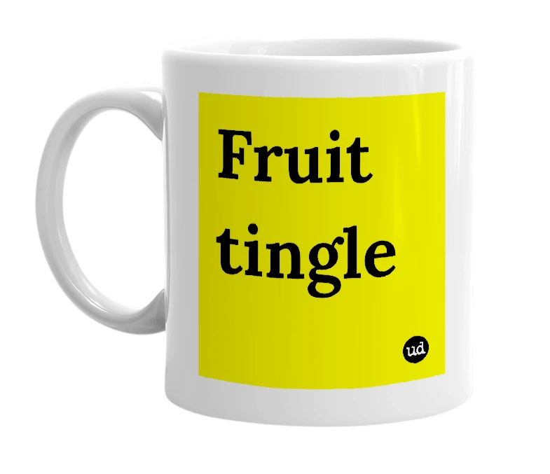 White mug with 'Fruit tingle' in bold black letters
