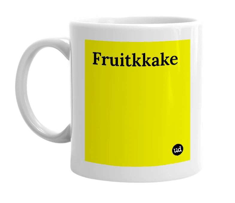 White mug with 'Fruitkkake' in bold black letters