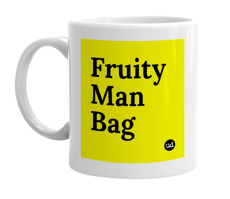 White mug with 'Fruity Man Bag' in bold black letters