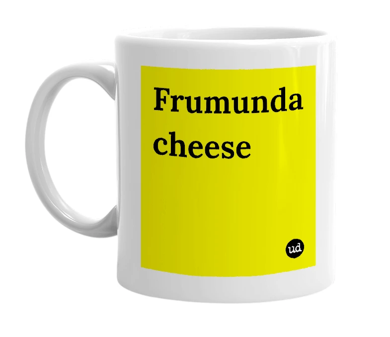 White mug with 'Frumunda cheese' in bold black letters