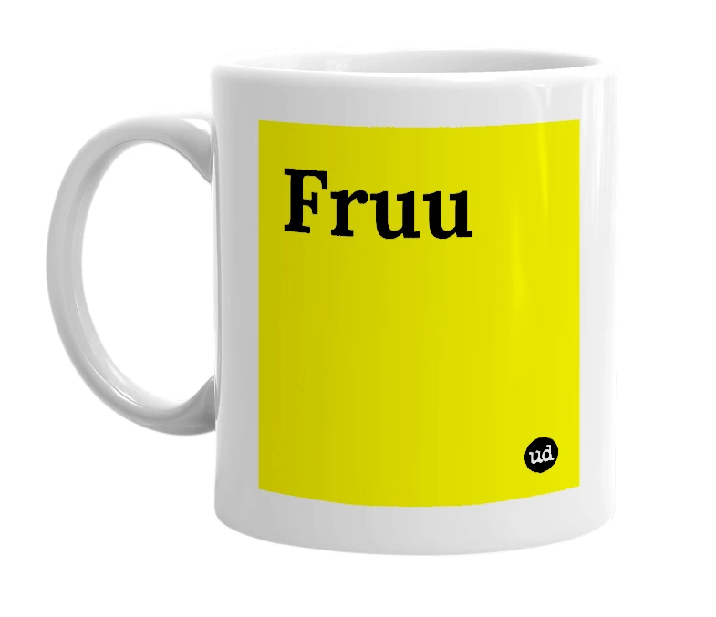 White mug with 'Fruu' in bold black letters