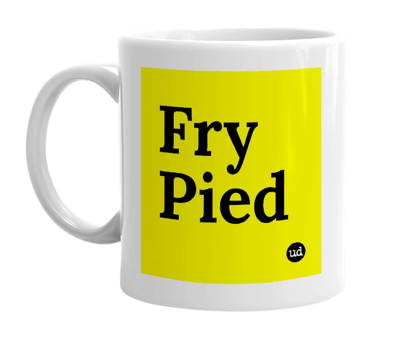 White mug with 'Fry Pied' in bold black letters