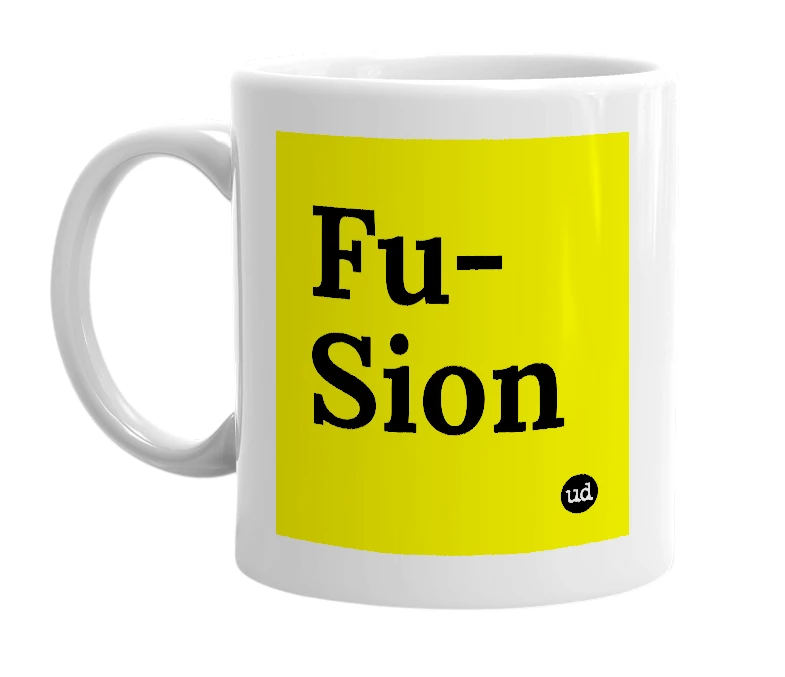 White mug with 'Fu-Sion' in bold black letters