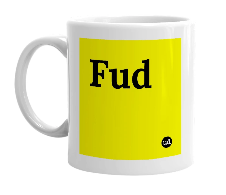 White mug with 'Fud' in bold black letters