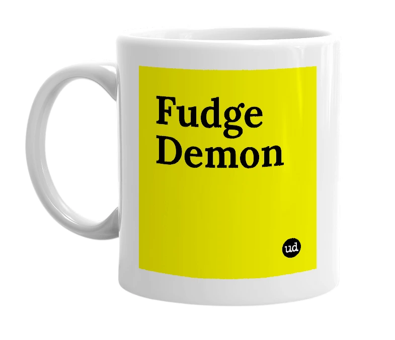 White mug with 'Fudge Demon' in bold black letters