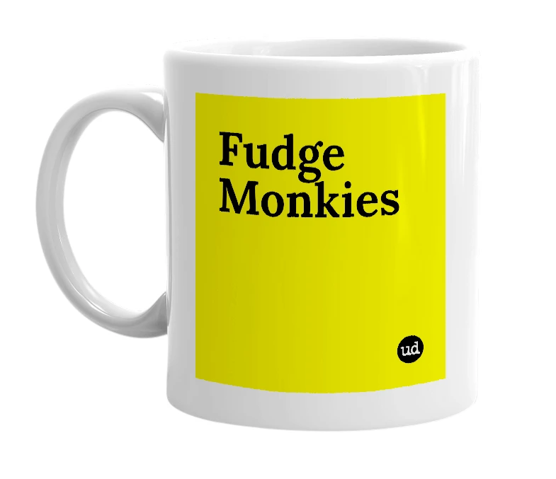 White mug with 'Fudge Monkies' in bold black letters