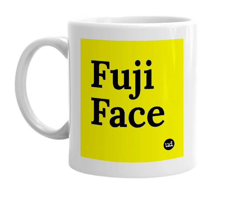 White mug with 'Fuji Face' in bold black letters