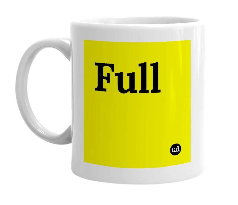 White mug with 'Full' in bold black letters