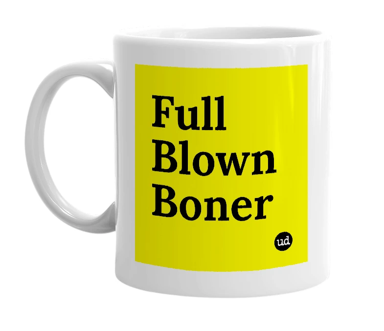 White mug with 'Full Blown Boner' in bold black letters