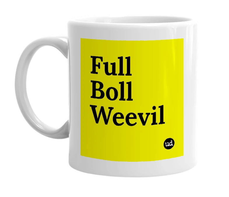 White mug with 'Full Boll Weevil' in bold black letters