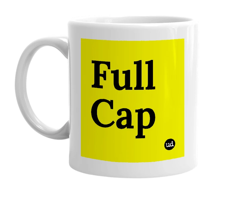 White mug with 'Full Cap' in bold black letters