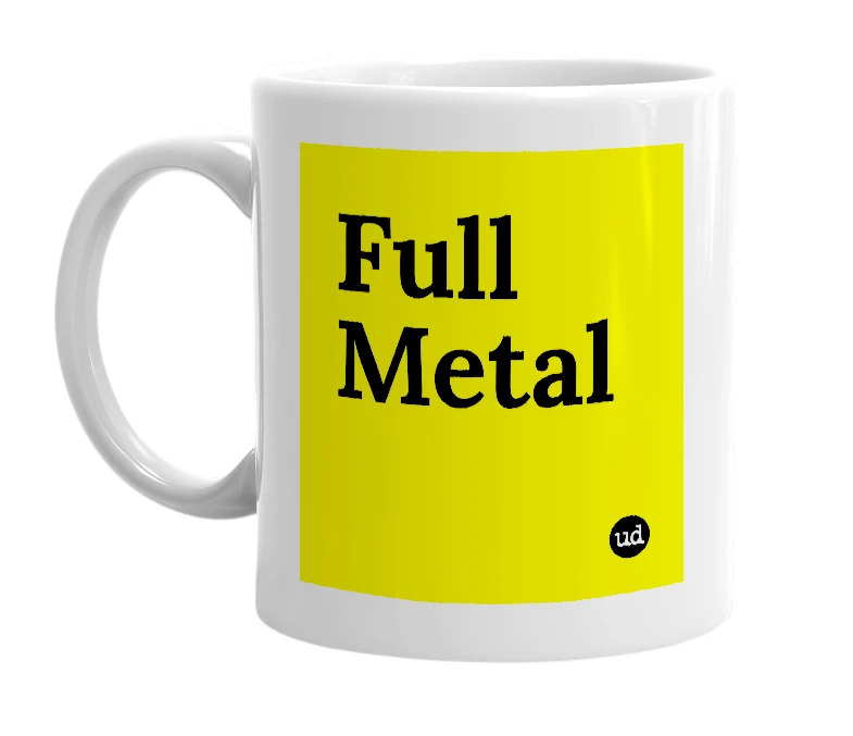 White mug with 'Full Metal' in bold black letters