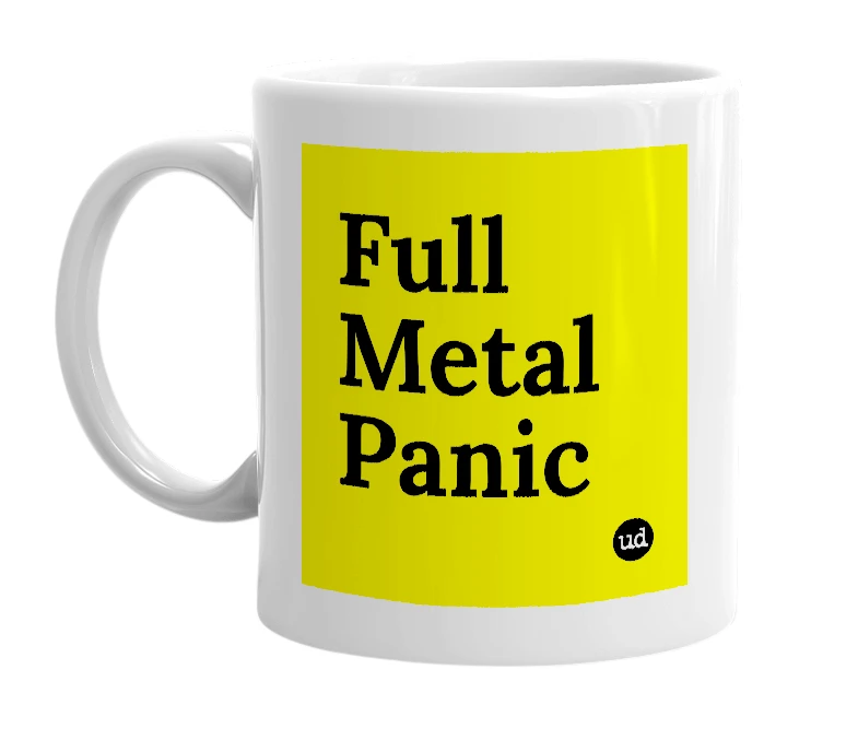White mug with 'Full Metal Panic' in bold black letters