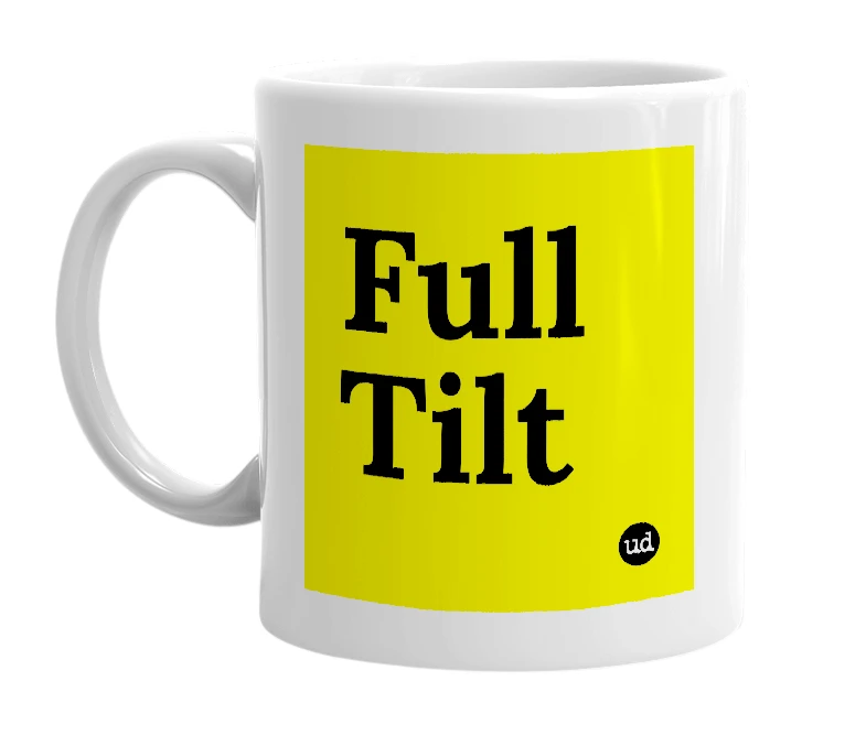 White mug with 'Full Tilt' in bold black letters