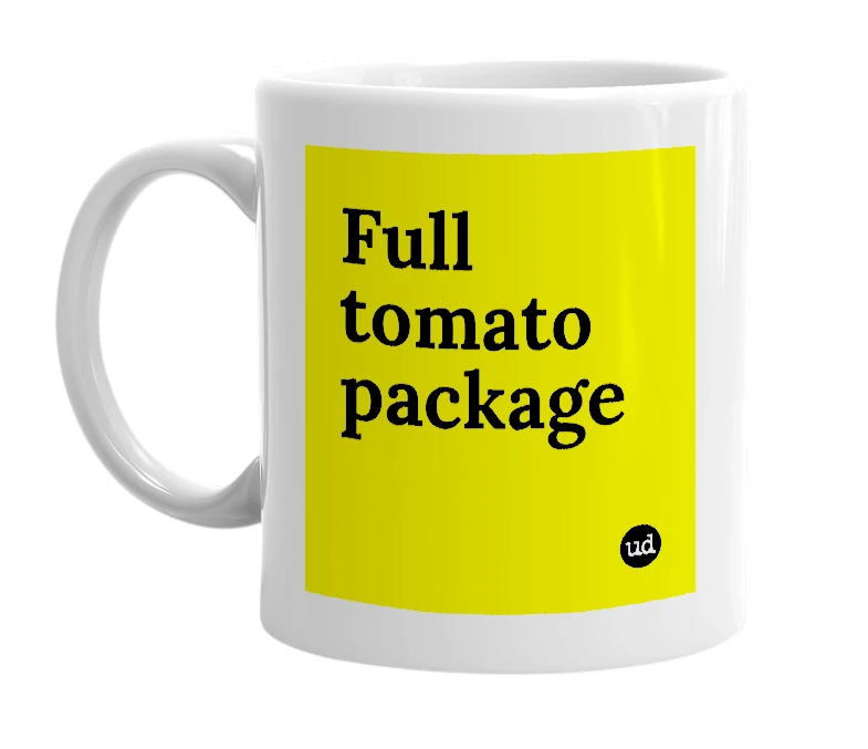 White mug with 'Full tomato package' in bold black letters