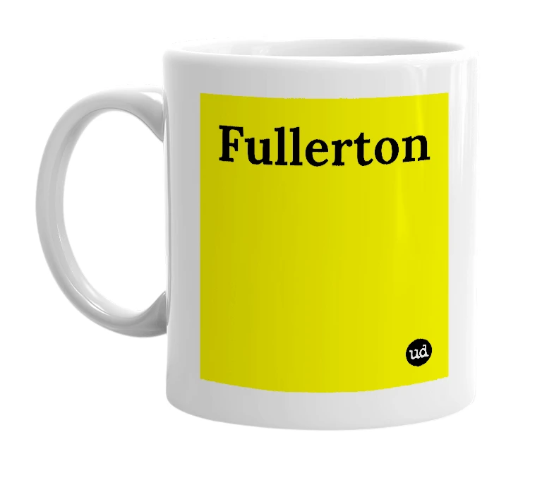 White mug with 'Fullerton' in bold black letters