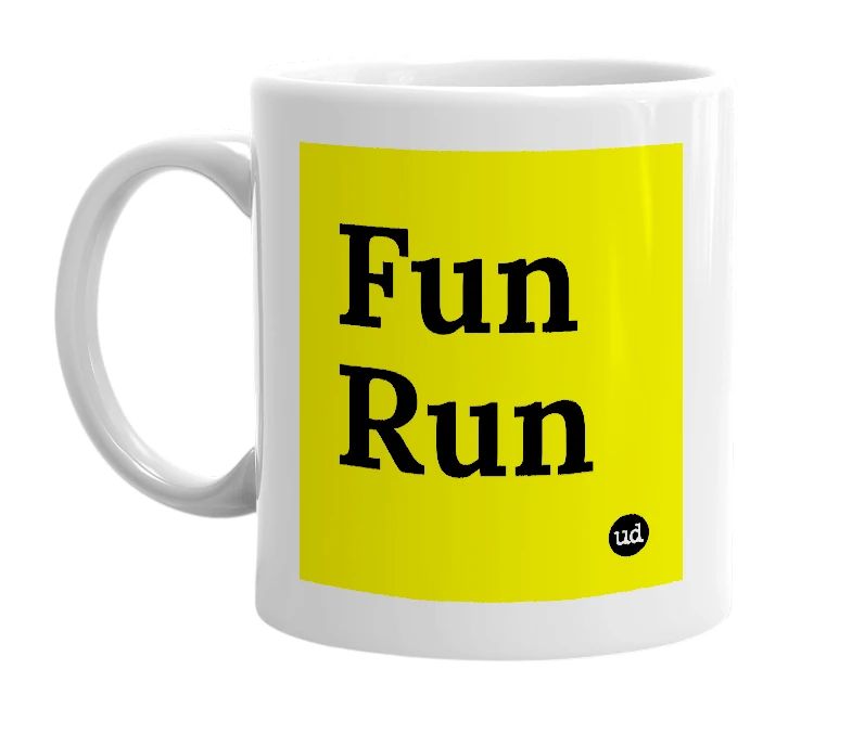 White mug with 'Fun Run' in bold black letters