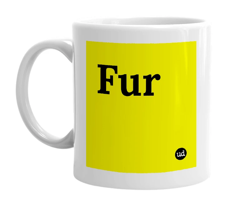 White mug with 'Fur' in bold black letters