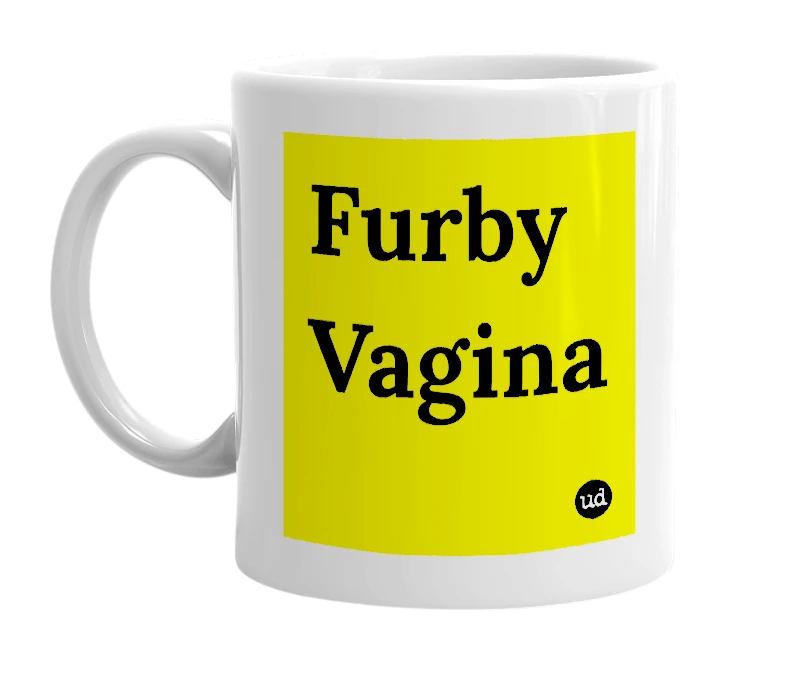 White mug with 'Furby Vagina' in bold black letters