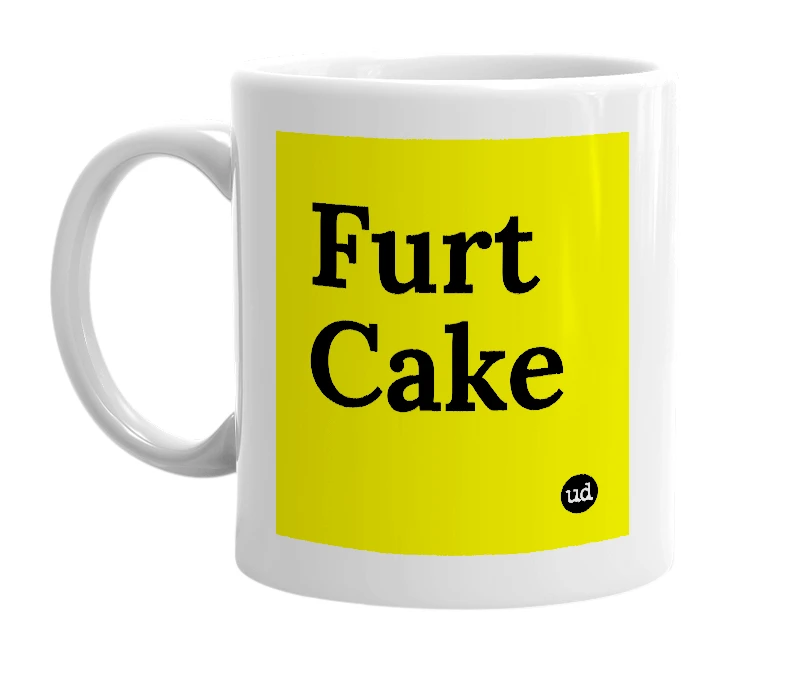White mug with 'Furt Cake' in bold black letters