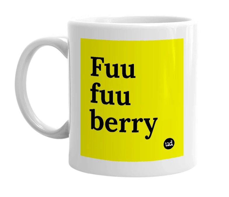 White mug with 'Fuu fuu berry' in bold black letters